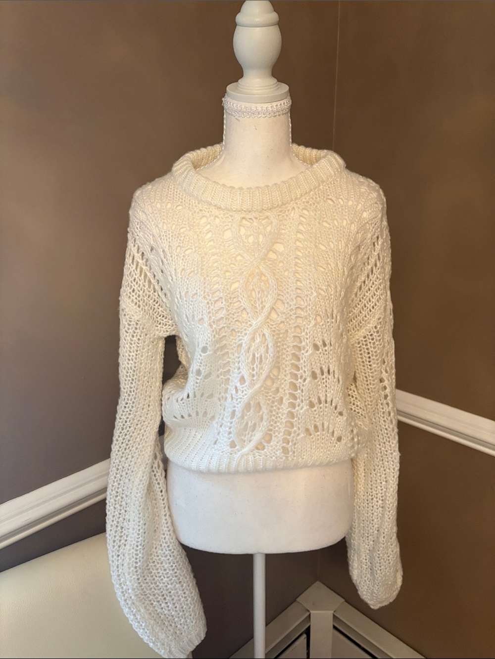 moon & madison Cream Open‑Stitch Cable Crew Sweater